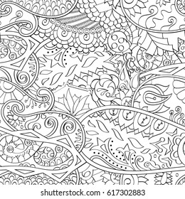 Tracery seamless pattern. Mehndi design. Ethnic monochrome binary doodle texture. Curved doodling black and white background. Vector