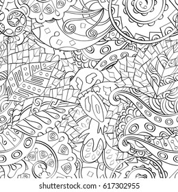 Tracery seamless pattern. Mehndi design. Ethnic monochrome binary doodle texture. Curved doodling black and white background. Vector