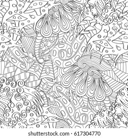 Tracery seamless pattern. Mehndi design. Ethnic monochrome binary doodle texture. Curved doodling black and white background. Vector