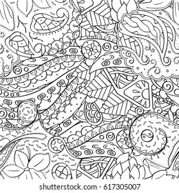 Tracery seamless pattern. Mehndi design. Ethnic monochrome binary doodle texture. Curved doodling black and white background. Vector