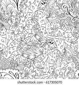 Tracery seamless pattern. Mehndi design. Ethnic monochrome binary doodle texture. Curved doodling black and white background. Vector