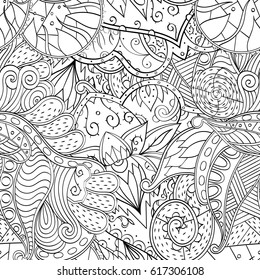 Tracery seamless pattern. Mehndi design. Ethnic monochrome binary doodle texture. Curved doodling black and white background. Vector