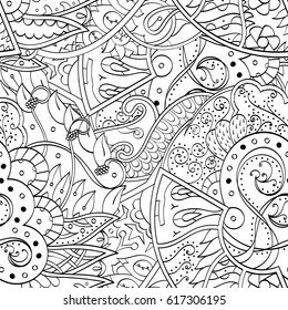 Tracery seamless pattern. Mehndi design. Ethnic monochrome binary doodle texture. Curved doodling black and white background. Vector