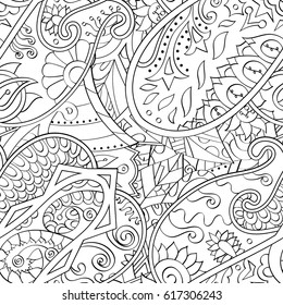 Tracery seamless pattern. Mehndi design. Ethnic monochrome binary doodle texture. Curved doodling black and white background. Vector