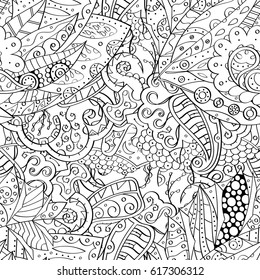 Tracery seamless pattern. Mehndi design. Ethnic monochrome binary doodle texture. Curved doodling black and white background. Vector