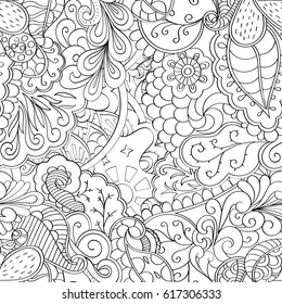 Tracery seamless pattern. Mehndi design. Ethnic monochrome binary doodle texture. Curved doodling black and white background. Vector