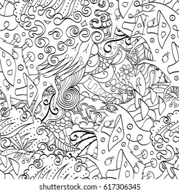 Tracery seamless pattern. Mehndi design. Ethnic monochrome binary doodle texture. Curved doodling black and white background. Vector
