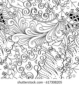 Tracery seamless pattern. Mehndi design. Ethnic monochrome binary doodle texture. Curved doodling black and white background. Vector