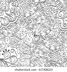Tracery seamless pattern. Mehndi design. Ethnic monochrome binary doodle texture. Curved doodling black and white background. Vector