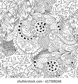 Tracery seamless pattern. Mehndi design. Ethnic monochrome binary doodle texture. Curved doodling black and white background. Vector