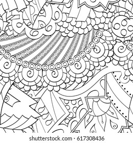 Tracery seamless pattern. Mehndi design. Ethnic monochrome binary doodle texture. Curved doodling black and white background. Vector