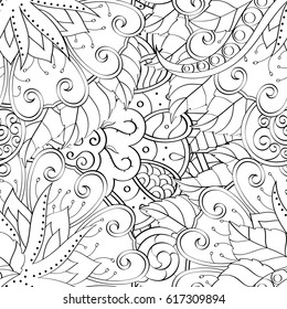 Tracery seamless pattern. Mehndi design. Ethnic monochrome binary doodle texture. Curved doodling black and white background. Vector