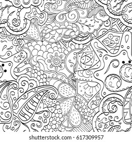 Tracery seamless pattern. Mehndi design. Ethnic monochrome binary doodle texture. Curved doodling black and white background. Vector