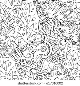 Tracery seamless pattern. Mehndi design. Ethnic monochrome binary doodle texture. Curved doodling black and white background. Vector