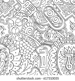Tracery seamless pattern. Mehndi design. Ethnic monochrome binary doodle texture. Curved doodling black and white background. Vector