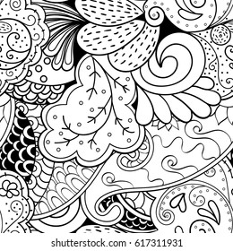 Tracery seamless pattern. Mehndi design. Ethnic monochrome binary doodle texture. Curved doodling black and white background. Vector