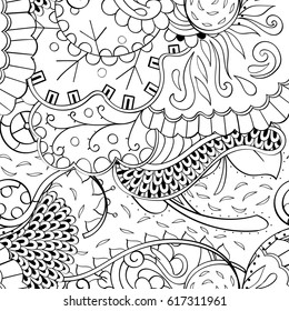 Tracery seamless pattern. Mehndi design. Ethnic monochrome binary doodle texture. Curved doodling black and white background. Vector