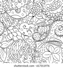 Tracery seamless pattern. Mehndi design. Ethnic monochrome binary doodle texture. Curved doodling black and white background. Vector