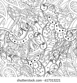 Tracery seamless pattern. Mehndi design. Ethnic monochrome binary doodle texture. Curved doodling black and white background. Vector