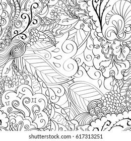 Tracery seamless pattern. Mehndi design. Ethnic monochrome binary doodle texture. Curved doodling black and white background. Vector