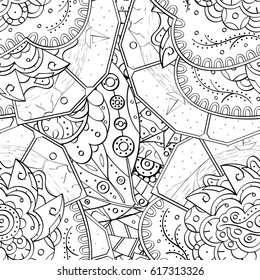 Tracery seamless pattern. Mehndi design. Ethnic monochrome binary doodle texture. Curved doodling black and white background. Vector