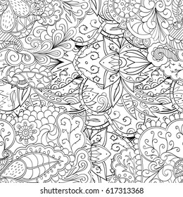 Tracery seamless pattern. Mehndi design. Ethnic monochrome binary doodle texture. Curved doodling black and white background. Vector