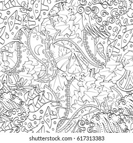 Tracery seamless pattern. Mehndi design. Ethnic monochrome binary doodle texture. Curved doodling black and white background. Vector