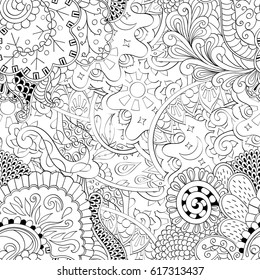 Tracery seamless pattern. Mehndi design. Ethnic monochrome binary doodle texture. Curved doodling black and white background. Vector
