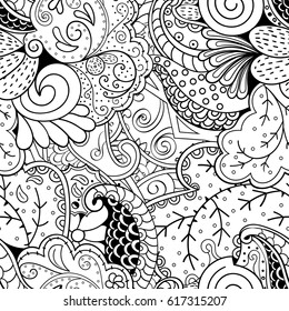Tracery seamless pattern. Mehndi design. Ethnic monochrome binary doodle texture. Curved doodling black and white background. Vector