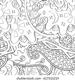 Tracery seamless pattern. Mehndi design. Ethnic monochrome binary doodle texture. Curved doodling black and white background. Vector