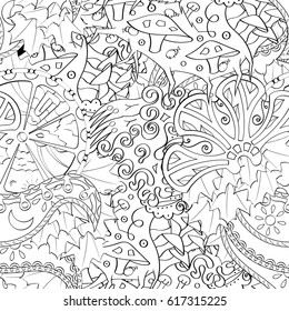 Tracery seamless pattern. Mehndi design. Ethnic monochrome binary doodle texture. Curved doodling black and white background. Vector