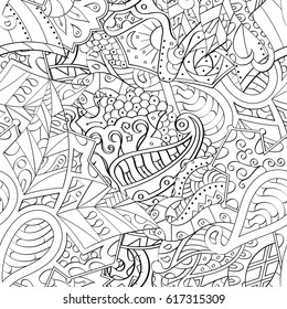 Tracery seamless pattern. Mehndi design. Ethnic monochrome binary doodle texture. Curved doodling black and white background. Vector