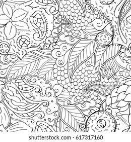 Tracery seamless pattern. Mehndi design. Ethnic monochrome binary doodle texture. Curved doodling black and white background. Vector