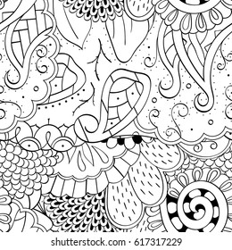 Tracery seamless pattern. Mehndi design. Ethnic monochrome binary doodle texture. Curved doodling black and white background. Vector