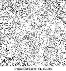 Tracery seamless pattern. Mehndi design. Ethnic monochrome binary doodle texture. Curved doodling black and white background. Vector