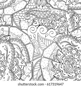 Tracery seamless pattern. Mehndi design. Ethnic monochrome binary doodle texture. Curved doodling black and white background. Vector