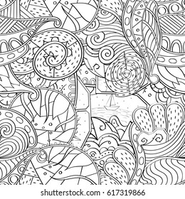 Tracery seamless pattern. Mehndi design. Ethnic monochrome binary doodle texture. Curved doodling black and white background. Vector