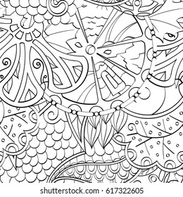 Tracery seamless pattern. Mehndi design. Ethnic monochrome binary doodle texture. Curved doodling black and white background. Vector
