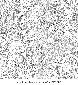 Tracery seamless pattern. Mehndi design. Ethnic monochrome binary doodle texture. Curved doodling black and white background. Vector