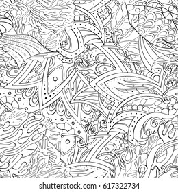 Tracery seamless pattern. Mehndi design. Ethnic monochrome binary doodle texture. Curved doodling black and white background. Vector