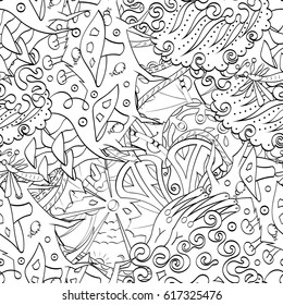 Tracery seamless pattern. Mehndi design. Ethnic monochrome binary doodle texture. Curved doodling black and white background. Vector