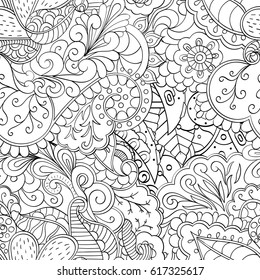 Tracery seamless pattern. Mehndi design. Ethnic monochrome binary doodle texture. Curved doodling black and white background. Vector