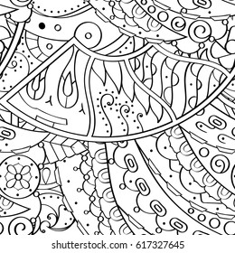 Tracery seamless pattern. Mehndi design. Ethnic monochrome binary doodle texture. Curved doodling black and white background. Vector