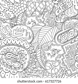 Tracery seamless pattern. Mehndi design. Ethnic monochrome binary doodle texture. Curved doodling black and white background. Vector