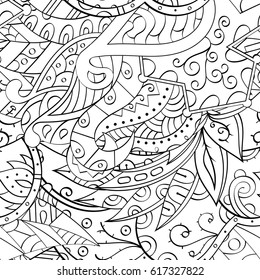 Tracery seamless pattern. Mehndi design. Ethnic monochrome binary doodle texture. Curved doodling black and white background. Vector