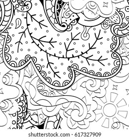 Tracery seamless pattern. Mehndi design. Ethnic monochrome binary doodle texture. Curved doodling black and white background. Vector