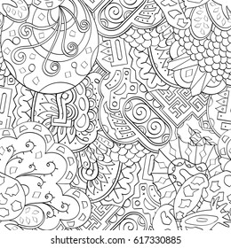 Tracery seamless pattern. Mehndi design. Ethnic monochrome binary doodle texture. Curved doodling black and white background. Vector