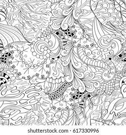 Tracery seamless pattern. Mehndi design. Ethnic monochrome binary doodle texture. Curved doodling black and white background. Vector