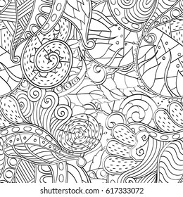 Tracery seamless pattern. Mehndi design. Ethnic monochrome binary doodle texture. Curved doodling black and white background. Vector