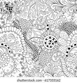 Tracery seamless pattern. Mehndi design. Ethnic monochrome binary doodle texture. Curved doodling black and white background. Vector